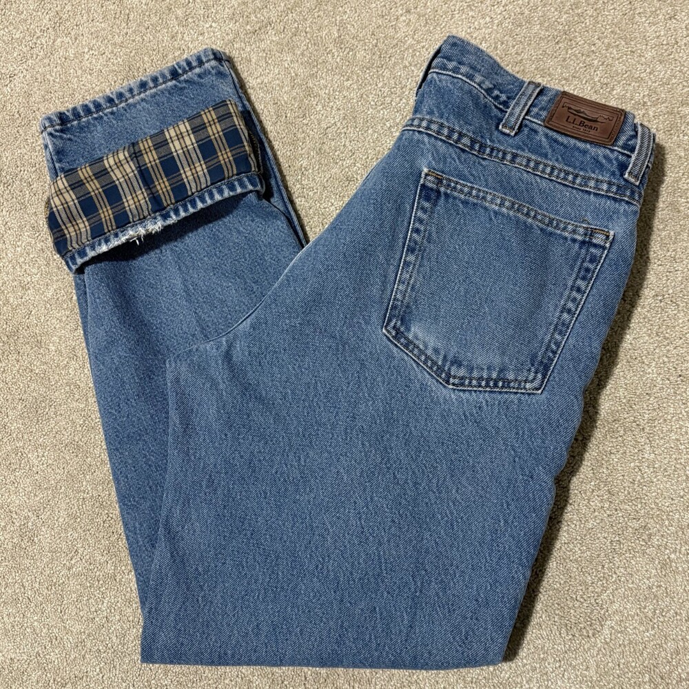 VTG LL Bean Flannel Lined Jeans Mens 34x32 Natural Fit Straight Leg Work Outdoor